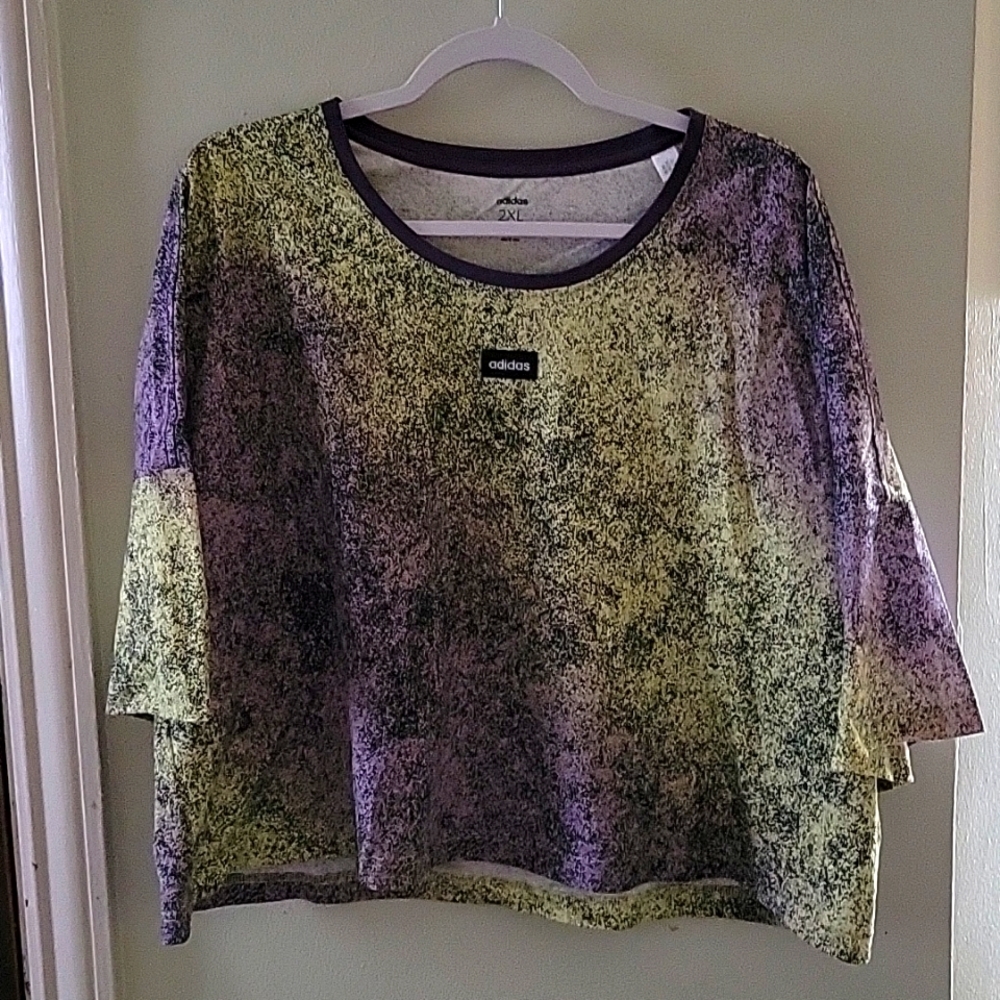 Adidas Womens 2XL, PURPLE, LIME and  BLACK CROPPED GRAPHIC PRINT TEE